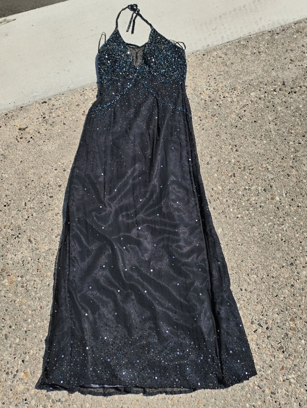 Scala 77335 womens 100% silk black sequined high halter backless dress M